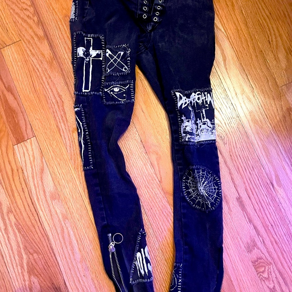 Women’s Black Dolls Kill Patchwork Punk Goth Skinny Jeans
